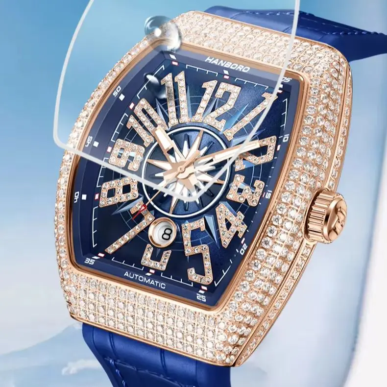 

HANBORO Мужские автоматические часы 53,8 мм * 43,5 мм Механические наручные часы Светящиеся Tonneau Водонепроницаемые 445 шт. Хрустальные украшения