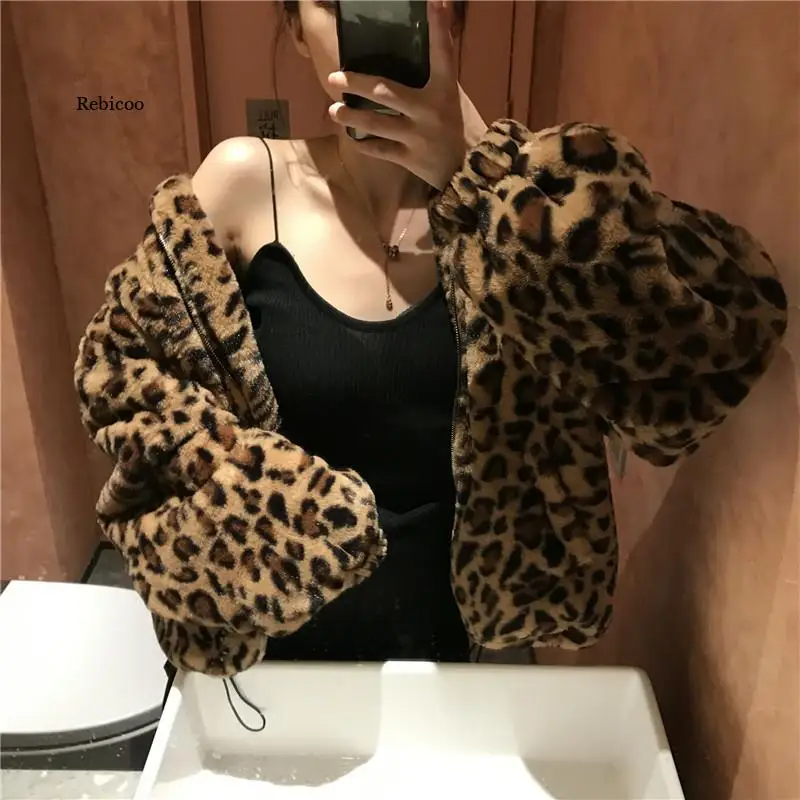 

Women Vintage Leopard Stand Collar Zipper Outwear Winter Jacket Lady Loose oversized Fuzzy Coats Female Casual Streetwear