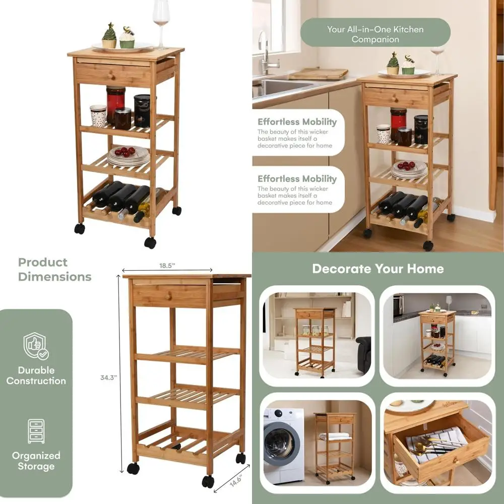 

Коричневая деревянная кухонная тележка с ящиком и корзиной - Передвижной остров для небольших помещений - Дополнительная столешница и место для хранения специй