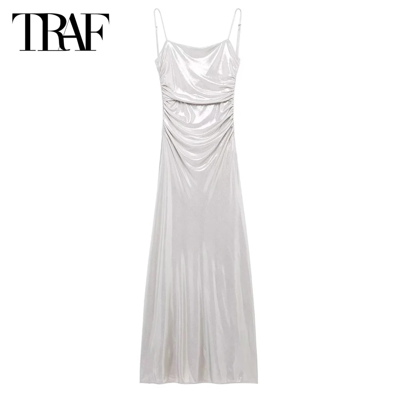 TRAF Womens Dresses Silvery Foil Slip Dresses Women's Dress Ruffled Sleeveless Balckess Long Dress Elegant Party Dresses Woman