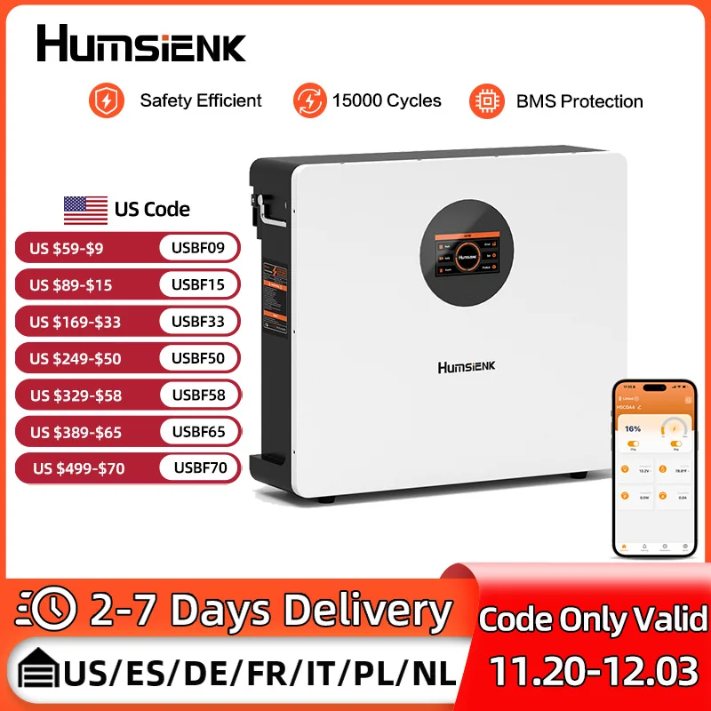 

Аккумуляторная батарея Humsienk LiFePo4 48В 100Ач с Bluetooth, настенная, с BMS 100А, 15000 циклов, 5.12кВтч, для инвертора, автодома, солнечной энергетической системы
