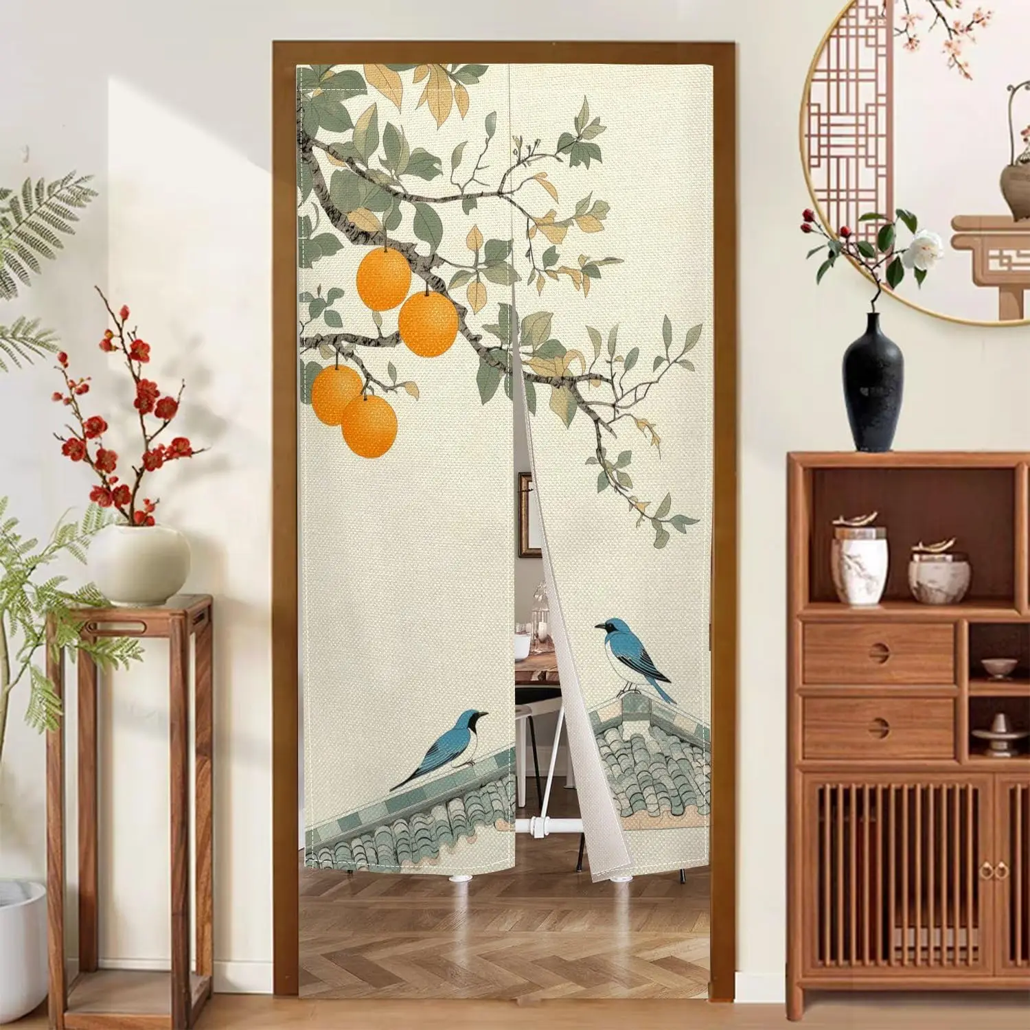 Blue and white print with bird and flower design, lightweight and breathable, perfect for home door decoration and room division