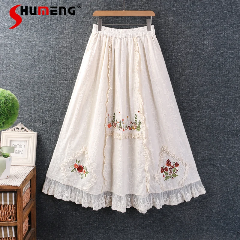 

Japanese Sweet Mori Girl Embroidered Flower Lace Splicing Elastic High Waist A-line All-matched Casual Long Skirt Women Summer