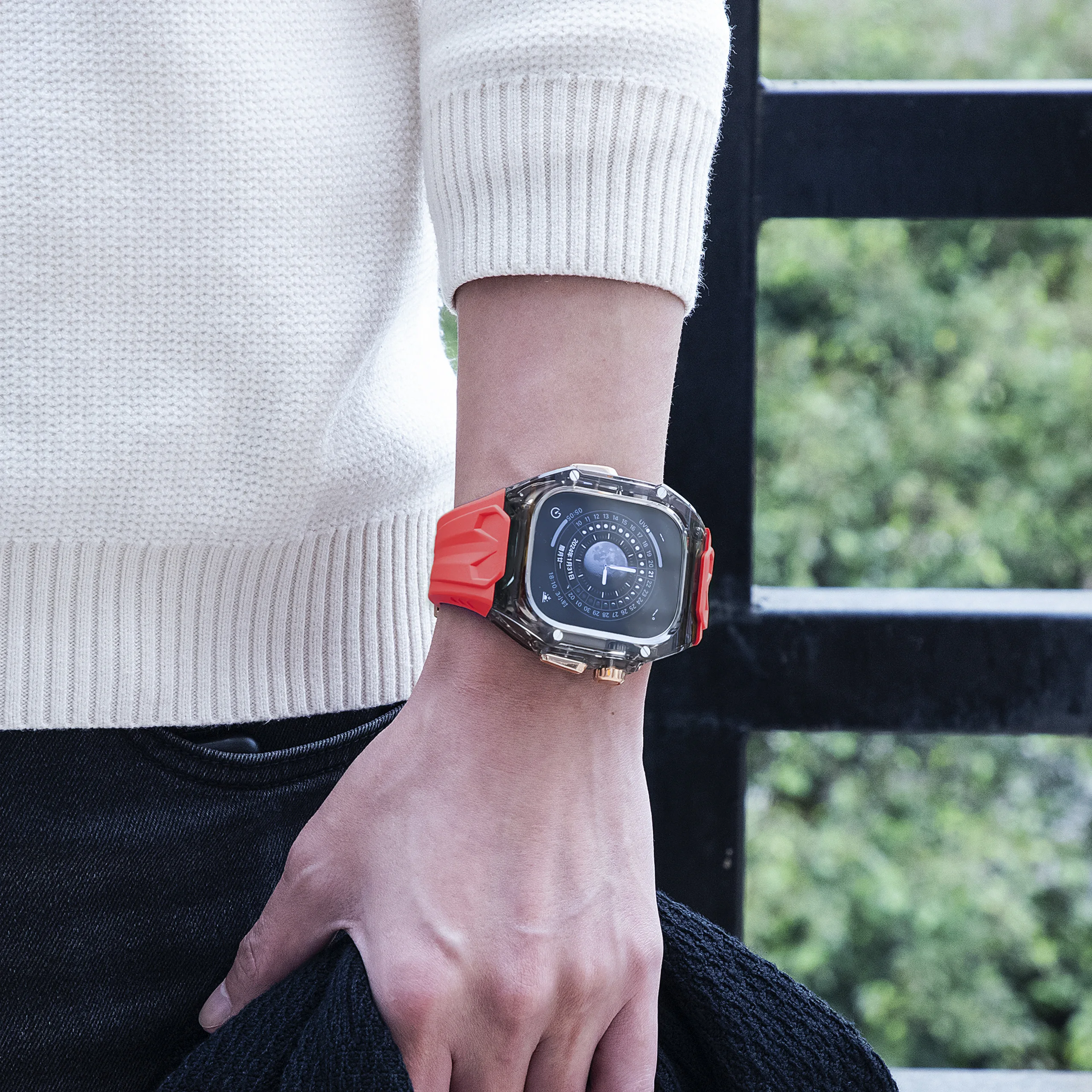 طقم تعديل حافظة واقية شفافة + حزام من البولي يوريثان لساعة أبل الترا 9 الفرقة لساعة iWatch Series9 8 7 6 5 4 SE 45 44 مللي متر 49 مللي متر