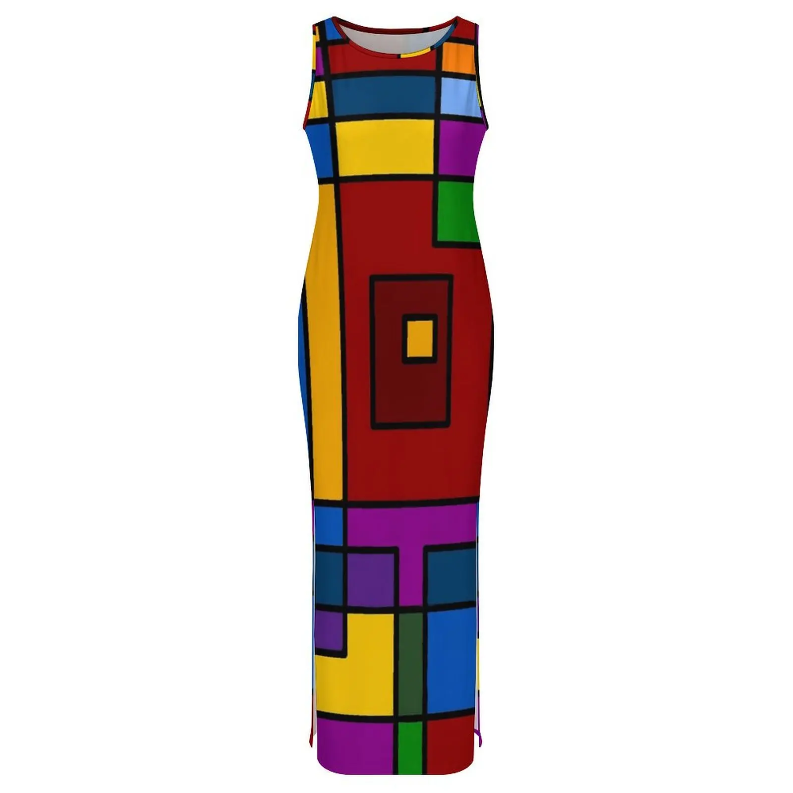 De Stijl Inspiriertes Kleid Ärmellose Abstrakte Kunst Street Style Maxi Kleider Schlank Sexy, Figurbetontes Kleid Dame Muster Oversize Vestidos