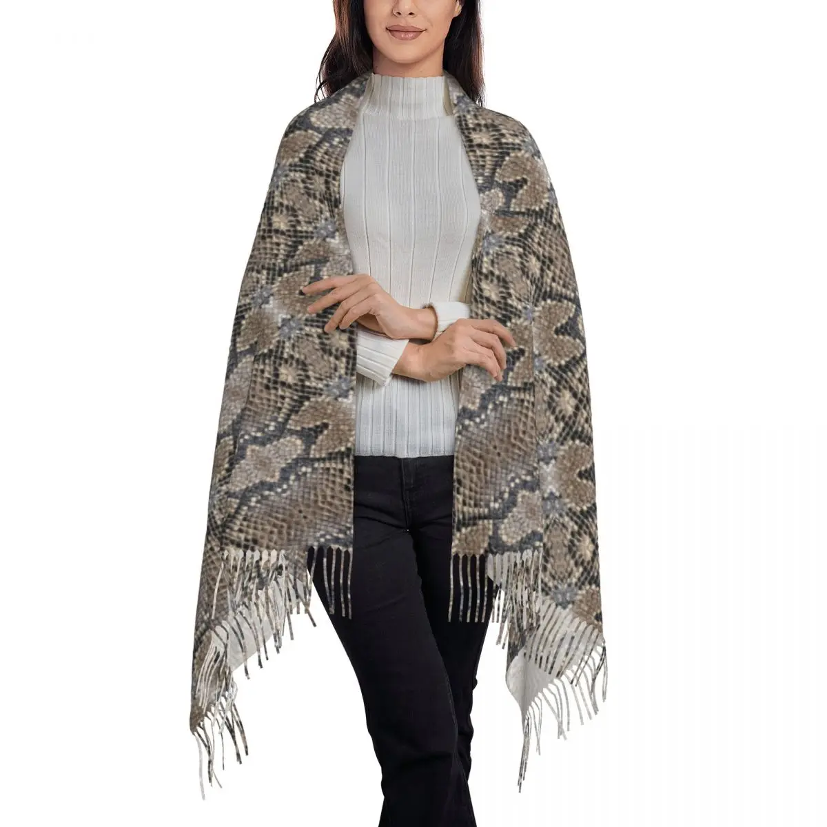 Classic Snakeskin Scarf with Tassel Greys and Silvers Snake Skin Outdoor Shawls and Wraps Women Headwear Scarves Autumn Foulard