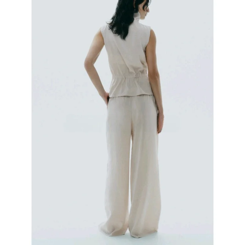 Conjunto de Moda Fena de Verão com Colete Sem Mangas de Gola Alta Ajustável e Calças de Cintura Alta com Pernas Largas