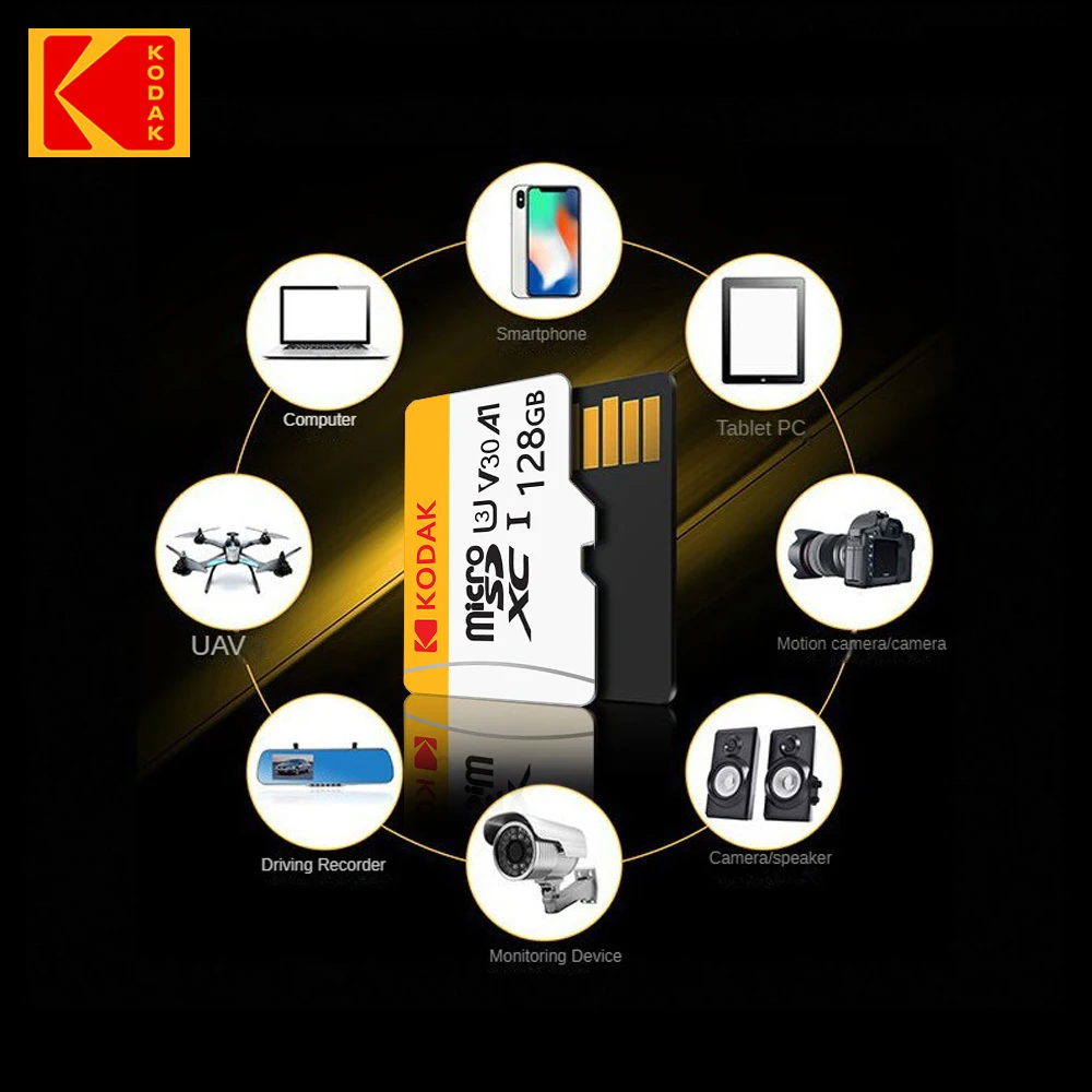 KODAK High-Speed UHS-I U3 V30 A1 MicroSDXC Memory Card - Class 10, 4K Ultra HD, 100MB/s - 32GB, 64GB, 128GB, 256GB Multi-Pack Op