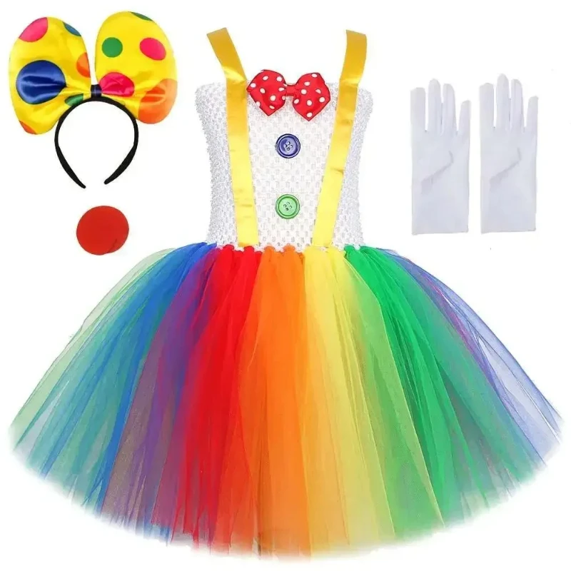 Children Rainbow Clown Costumes for Girls Clown Halloween Tutu Dress Funny in Multi-colored Tulles Outfit Kids Circus Show Tutus