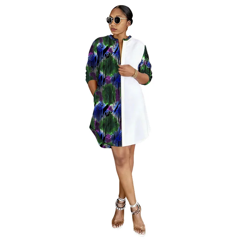 Elegant Stand Collar Dress African Coutrue Wax/White Patchwork Dress Original Design Print Women's Ankara Outfit Customized