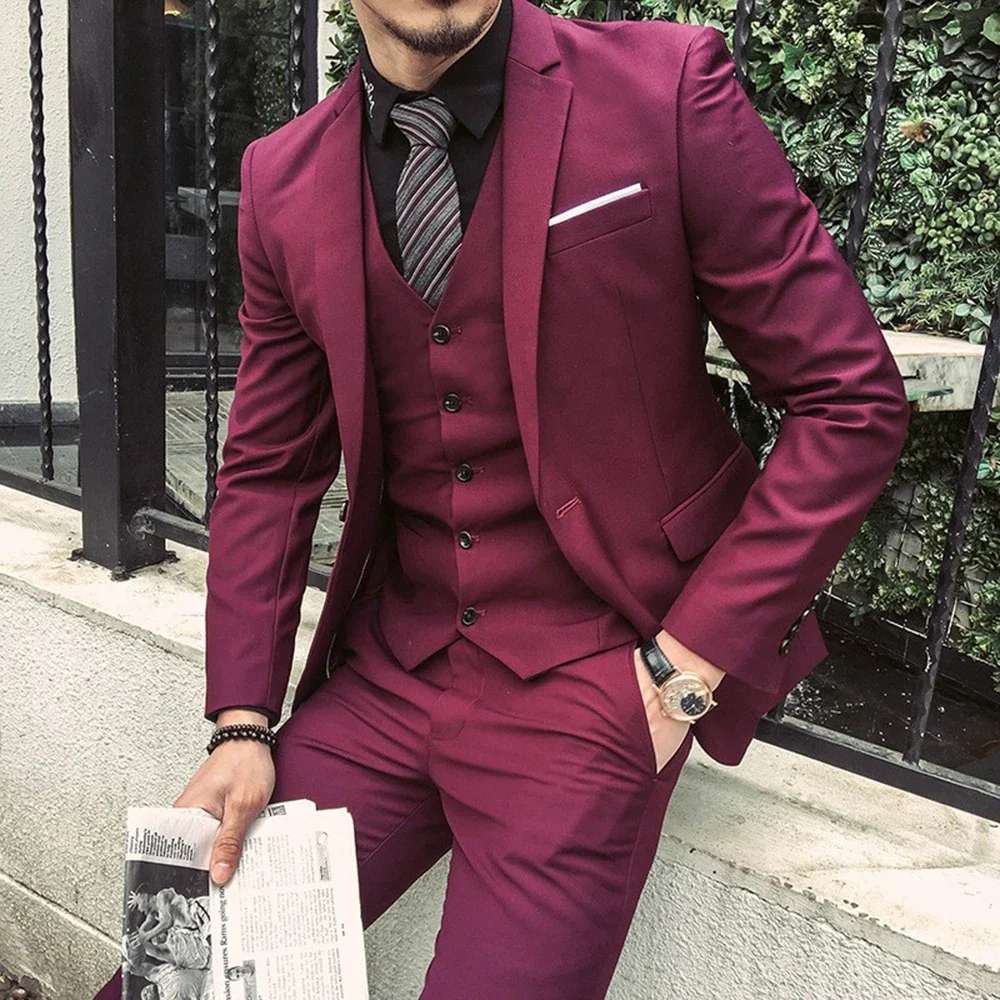 

Elegant Silid Color 3 Piece Men's Suits Formal Wedding Groomsmen Clothing Single Breasted Notch Lapel Slim Fit Jacket Pants Vest