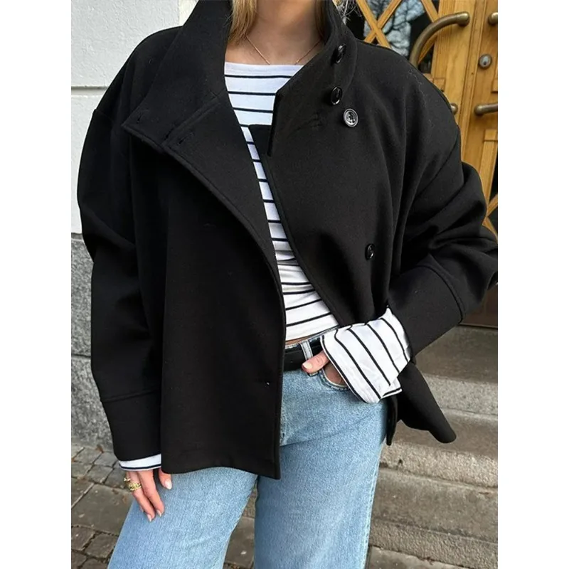 Stand Collar Women Winter Woolen Coats Autumn Single Breasted Loose Female Long Sleeve Jacket Office Lady Street Short Coat
