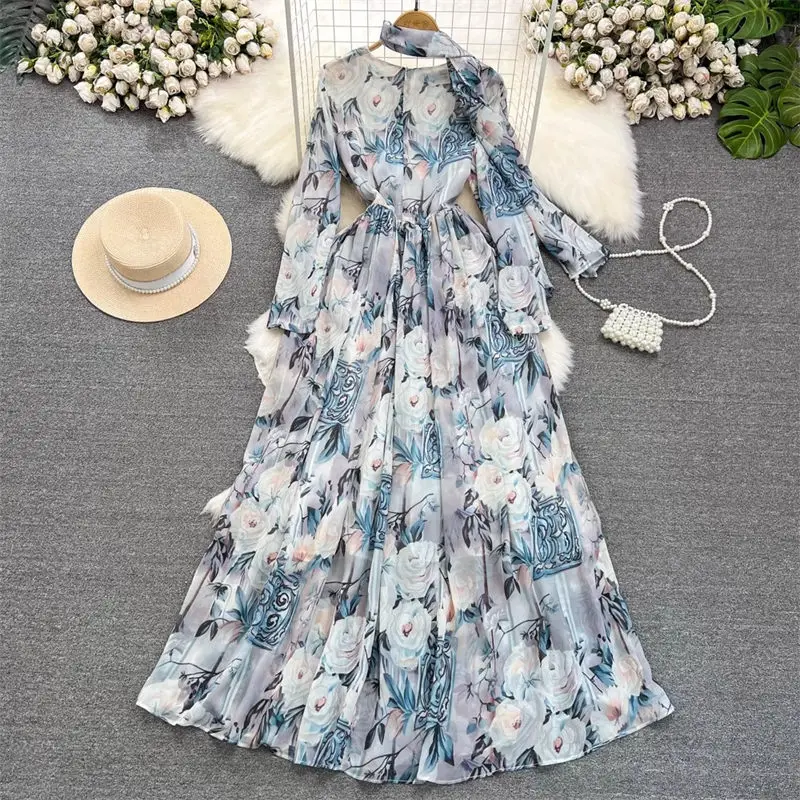 

Spring Autumn Long Dress Korean Gentle Style Ladies Full Sleeve Round Neck Waist Slim A-Line Printed Chiffon Dress Elegant Z4010