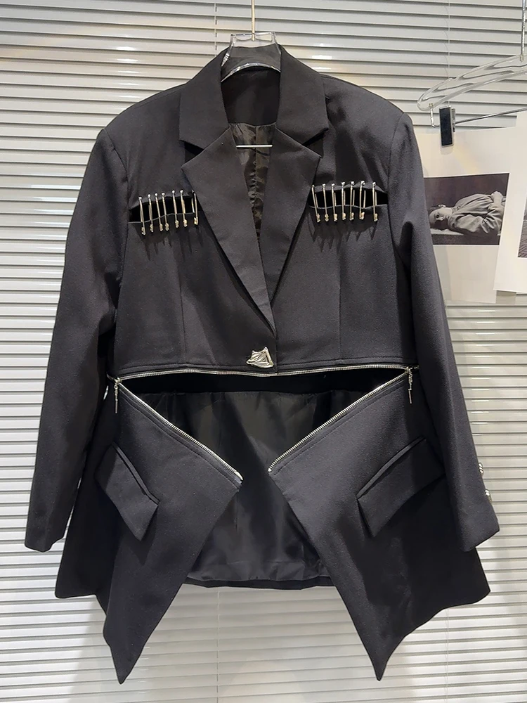 CHICEVER Patchwork Metal Pin Blazer For Women Notched Collar Long Sleeve Spliced Zipper Design Solid Jackets Autumn Clothes New