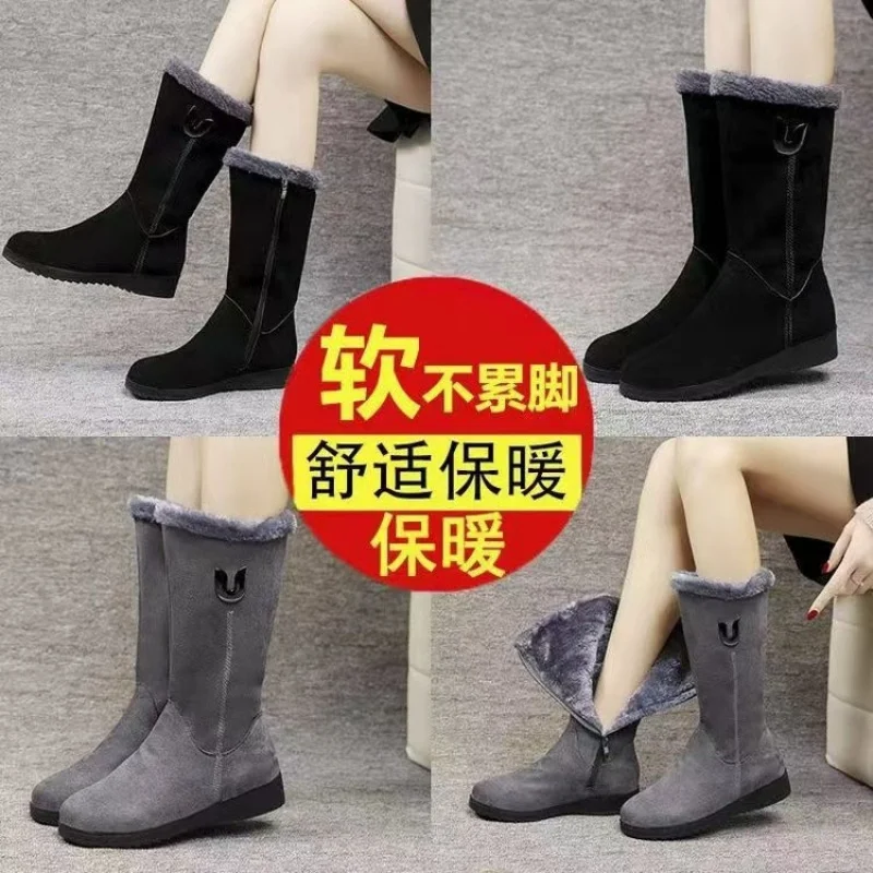 حذاء نسائي شتوي لعام 2025 مبطن بالقطيفة للركبة | كعب منخفض ونعل ناعم لراحة طوال اليوم | أحجام ممتدة أحذية الثلوج الدافئة #3