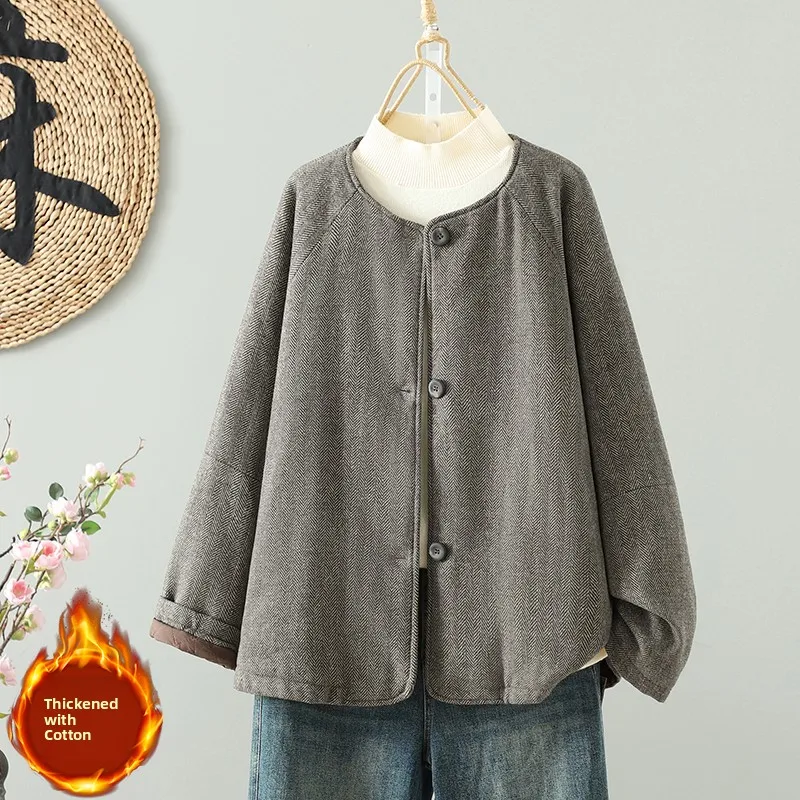 

Retro round Ne Cotton Jaet Women's Winter Loose Casual Versatile Slimming Personali Cotton Coat Upper Body Women