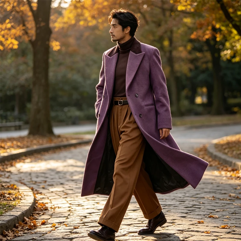 Luxury Men's Wool Blend Overcoat Collar Corduroy Splicing Peak Lapel Jacket Loose Fit Business Casual for Men Streetwear Party