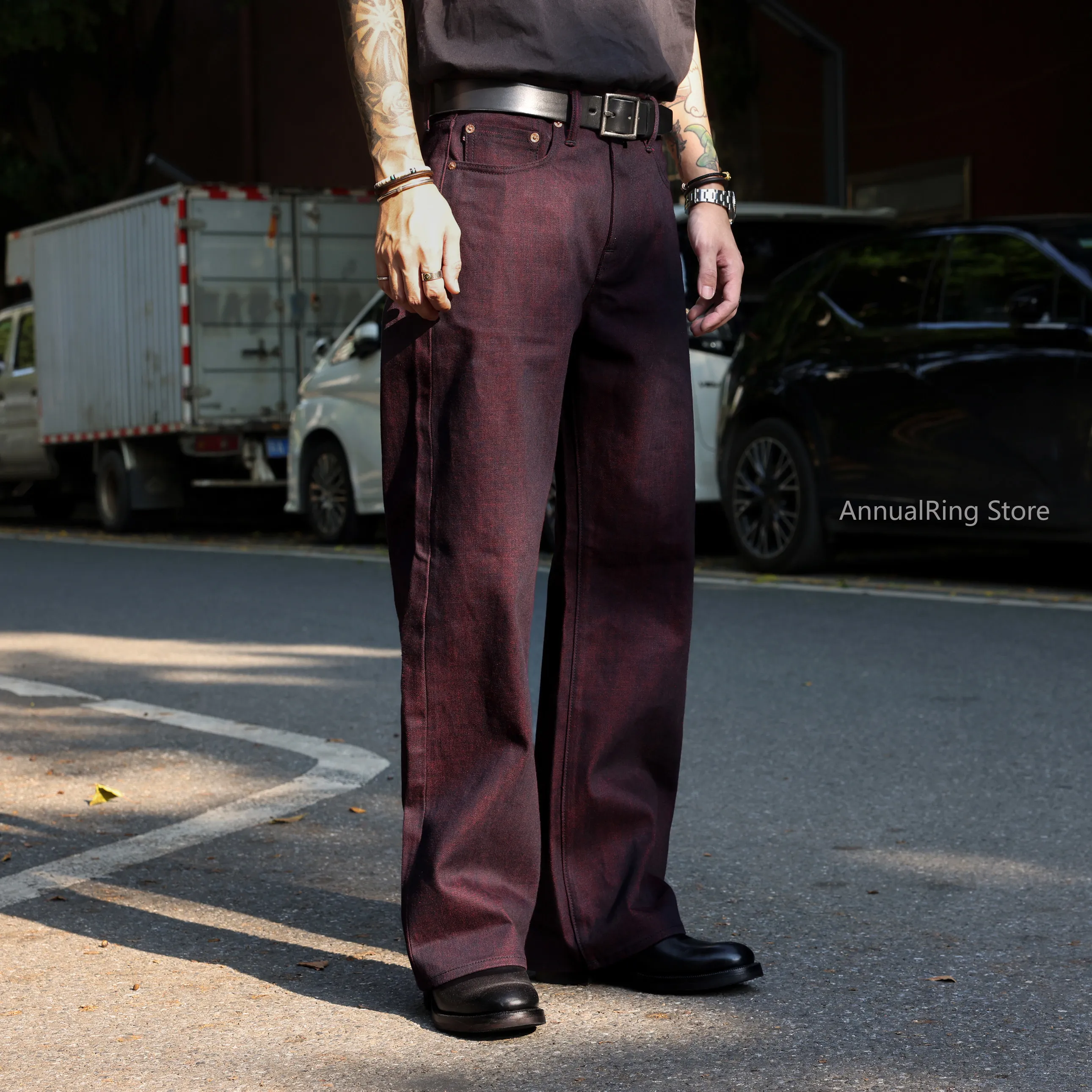 Red Tornado Men's Vintage American Jeans 15OZ Heavy Selvedge Denim Raw Denim Loose Straight Pants Fit Long Trousers