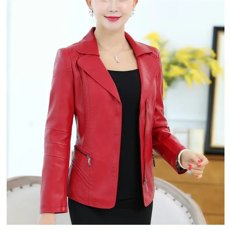 Otoño Invierno mujer chaqueta de cuero de manga larga señora talla grande 6XL abrigo de cuero PU madre de mediana edad prendas de vestir de cuero lavada