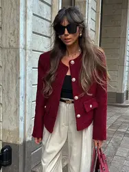 Vintage Red Metal Buttons Woolen Coat For Women With Pocket Round Neck Long Sleeves Short Jacket 2024 Lady Commute Streetwear