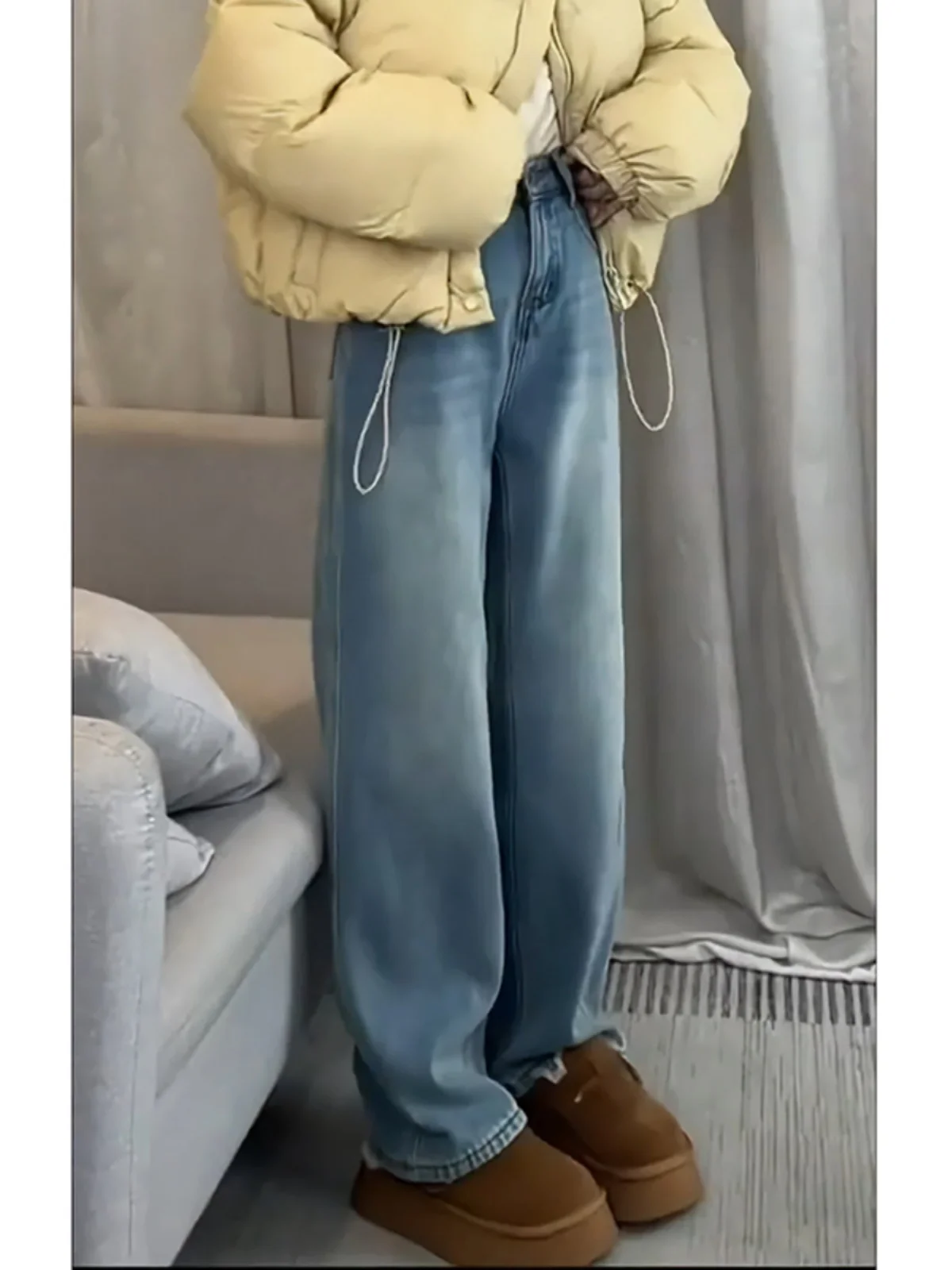 

Retro American Light Blue Fleece Lined Thick Straight Leg Jeans for Men Winter Wear Youth Trendy Long Pants Wear Resistant