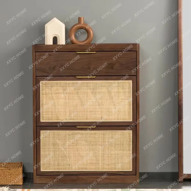 XX entrance solid wood storage shoe cabinet tipping bucket ultra-thin multi-layer rattan simple walnut