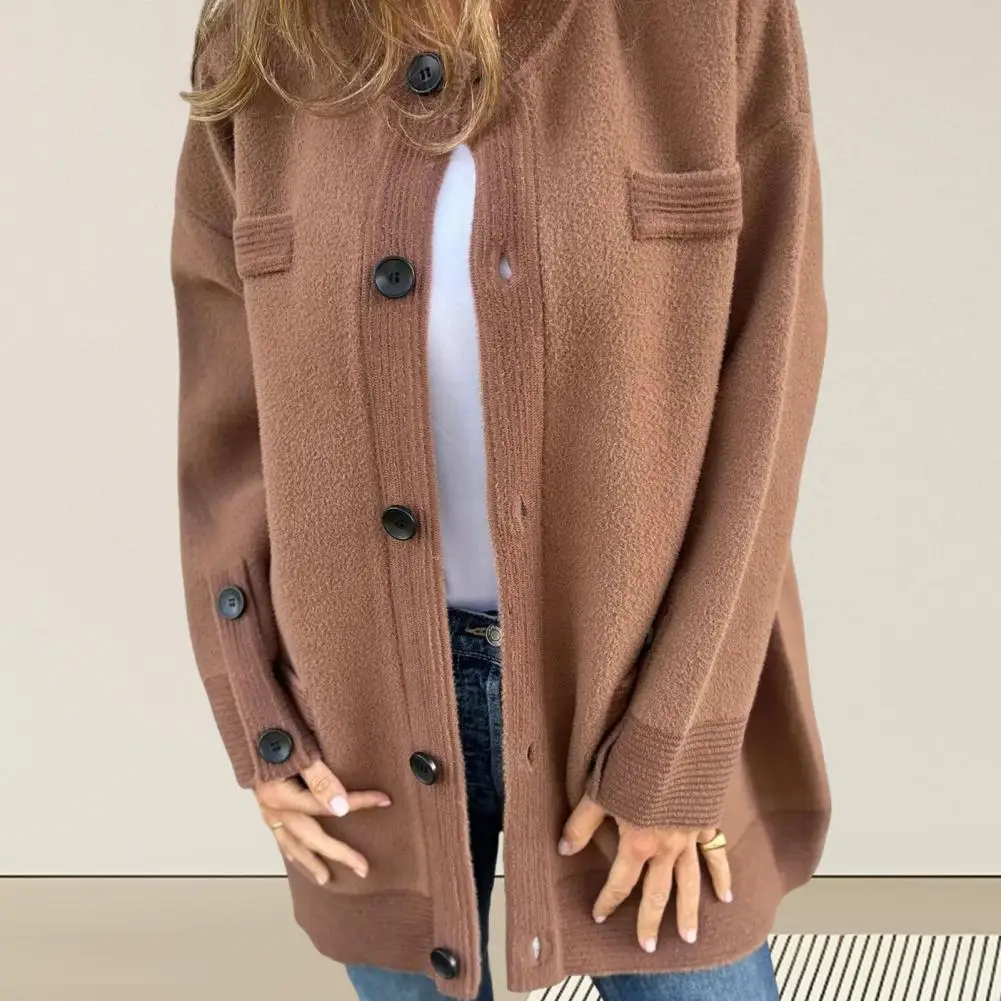 Inverno feminino cardigan jaqueta comprimento médio em torno do pescoço único breasted outerwear cor sólida mangas compridas senhora casaco para uso diário