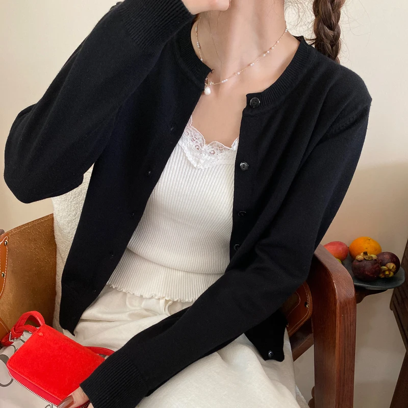 Sueter Feminino Nuovo maglione lavorato a maglia con o-collo a maniche lunghe Cardigan da donna Maglione lavorato a maglia rosso nero Cardigan Donna Top Maglioni Q2080