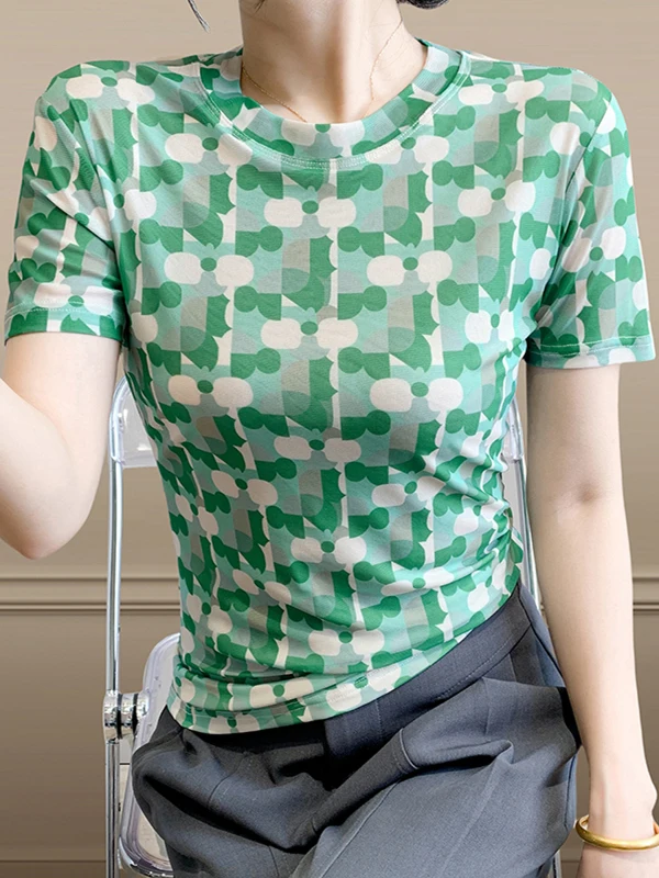 Slim Fit Ice Silk T-irt round Ne ort Sve Women's Faion Summer New Sle European oulder Line Printed Me Top