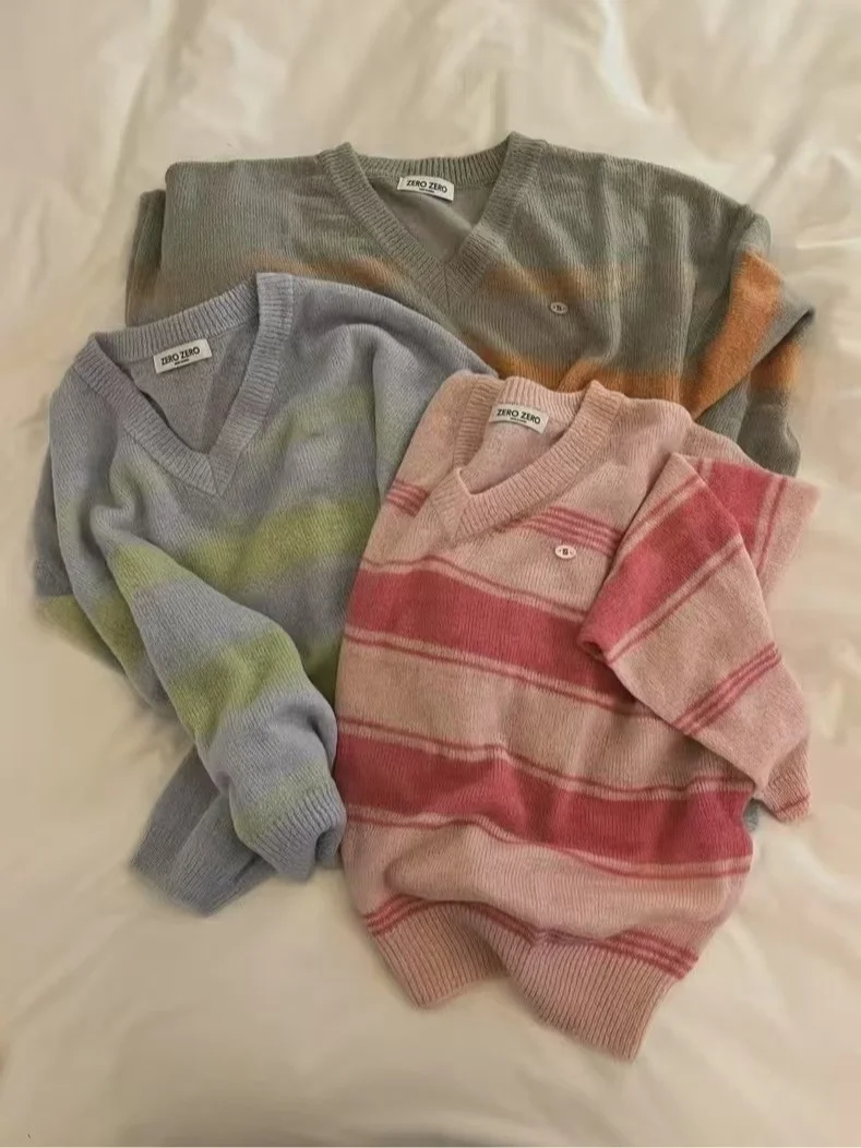 Doce casual listrado v-ne malhas feminino solto oulder baring emagrecimento topo para primavera outono confortável preguiçoso sle