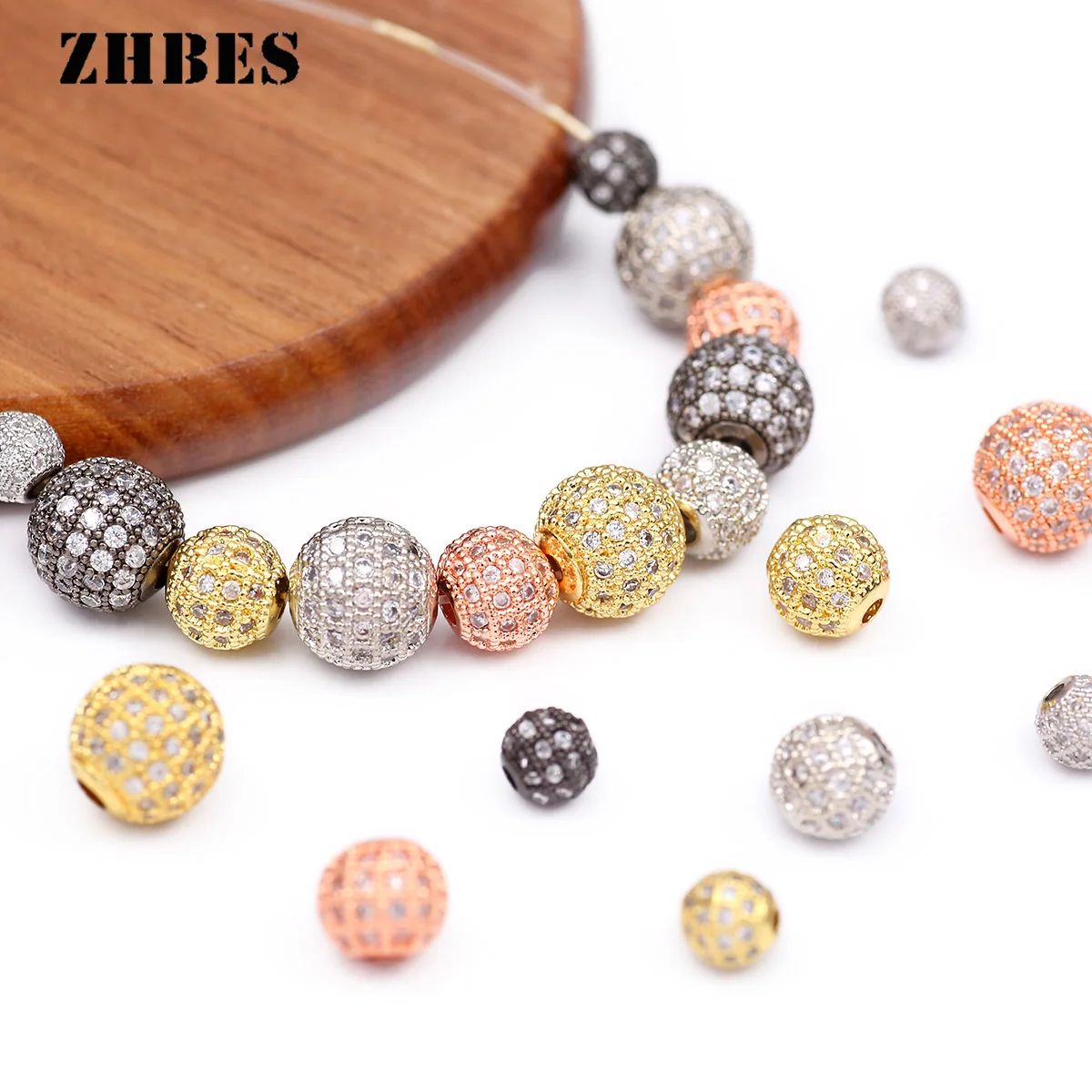 18K Gold Plated  Zircon loose Beads with Beads Round Spacers Beads Separators 4pcs For Bracelet  DIY Jewelry Accessories