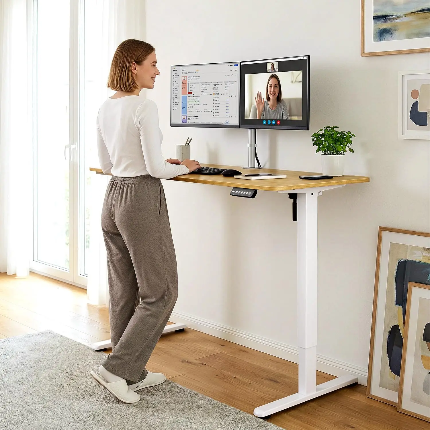 Electric Standing Desk Adjustable Height 55x24 Inch Sit Stand Home Office Computer Workstation Spliced Desktop Oak, Customized