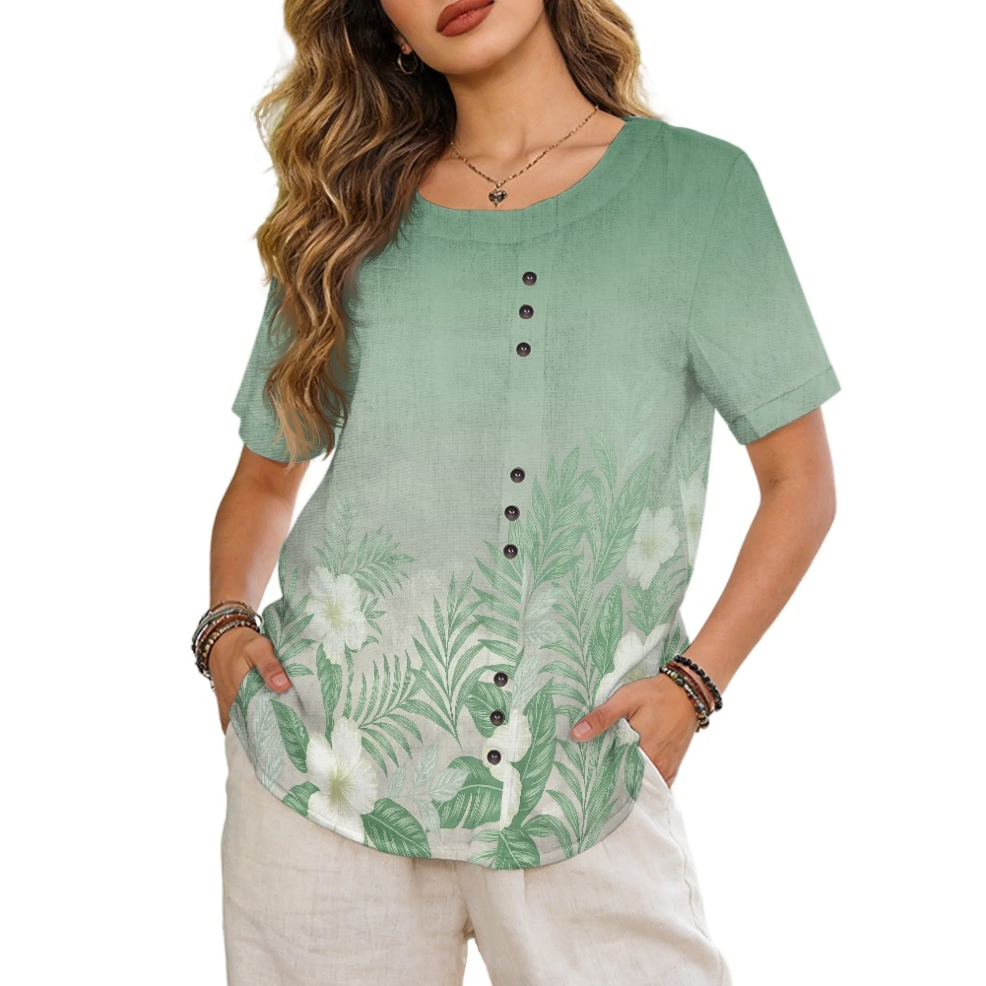 

INSTANTARTS Women's Linen Short-Sleeved Shirt Linen Blouses for Women Short Sleeve Button Down Shirts Summer Office Casual Tops
