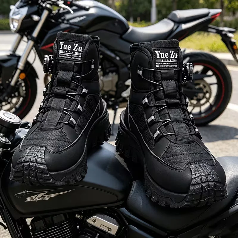 Functional Knob-Adjustable Motorcycle Riding High-Top Boots, Black Anti-Collision Toe Cap, Non-Slip Thick-Soled Motorcycle Shoes, Waterproof and Wear-Resistant Outdoor Off-Road Work Boots, Rider Commuter Anti-Fall Moto view 4