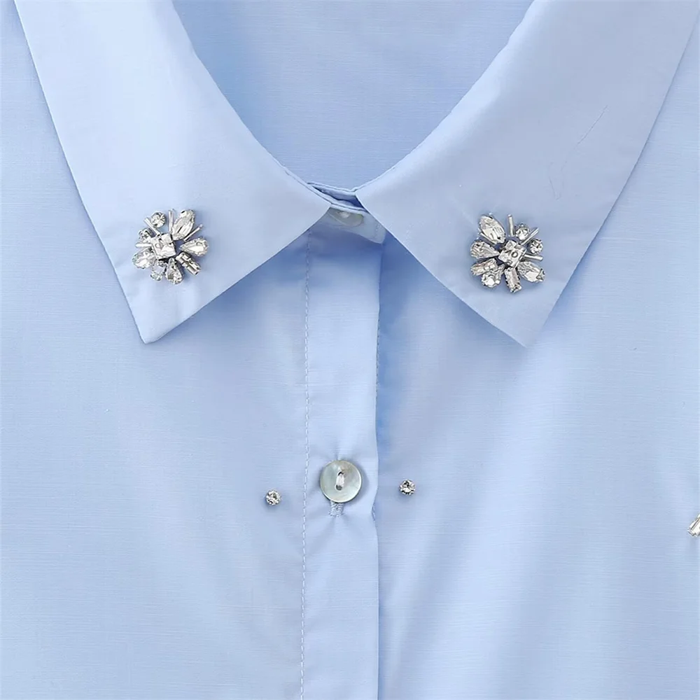 Zach Ailsa 2024 Spring New Product Women\'s Fashion Polo Collar Long sleeved Artificial Jewelry Decorative Shirt