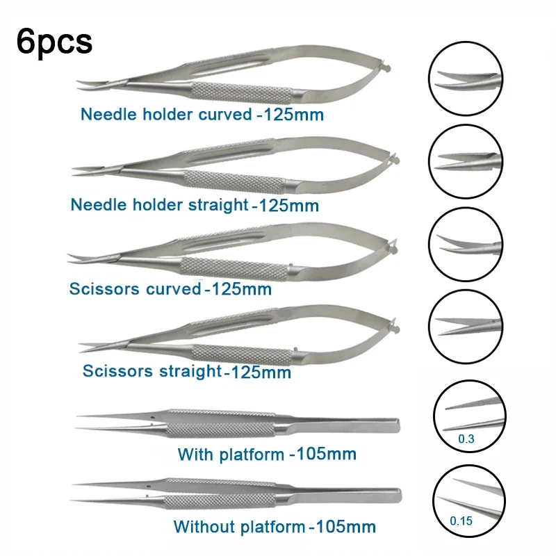 Stainless Steel Needle Holding Forceps Pliers Scissors Platform Forceps Ophthalmic Instrument 6pcs/set