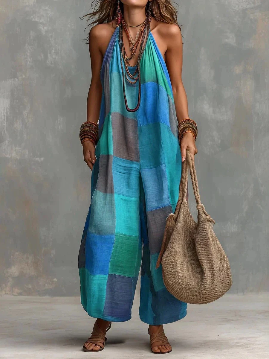 Onecozyday Women Halter Sleeveless Color Block Patchwork Wide Leg Jumpsuit Loose Linen Blend Boho Vacation Baggy Overall
