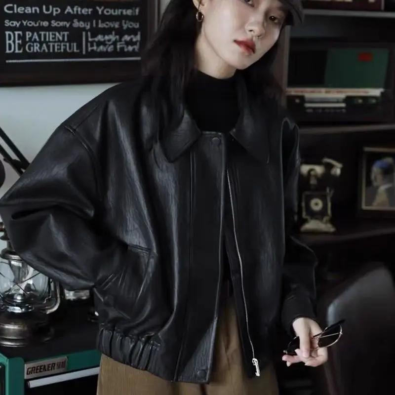 2027Spring Autumn American PU Leather Jacket Women New Short Leather Coat Retro Lapel Sweet Cool Motorcycle Outerwear Ladies Top