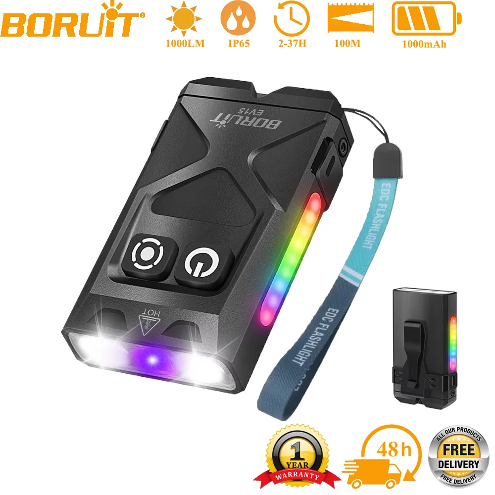 

BORUiT EV15 EDC Keychain Flashlight 365nm UV Light Type-C Charging 1000LM Super Bright Mini LED Torch RGB Lamp Pocket Lantern