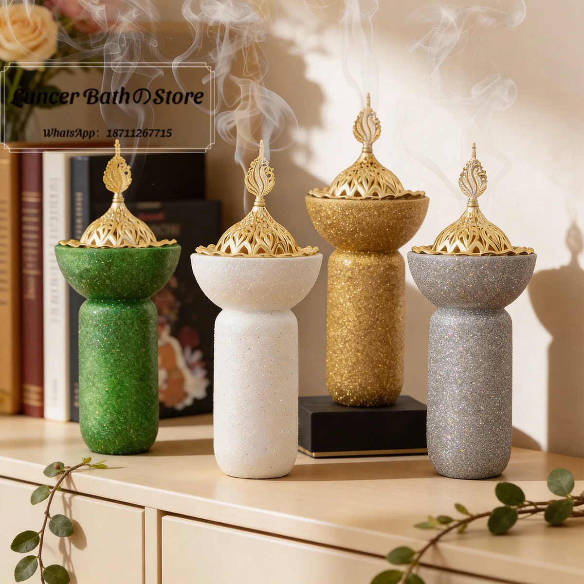 2pcsDesktop incense burner aromatherapy burner sequin handle resin aromatherapy burner middle eastern tower sandalwood