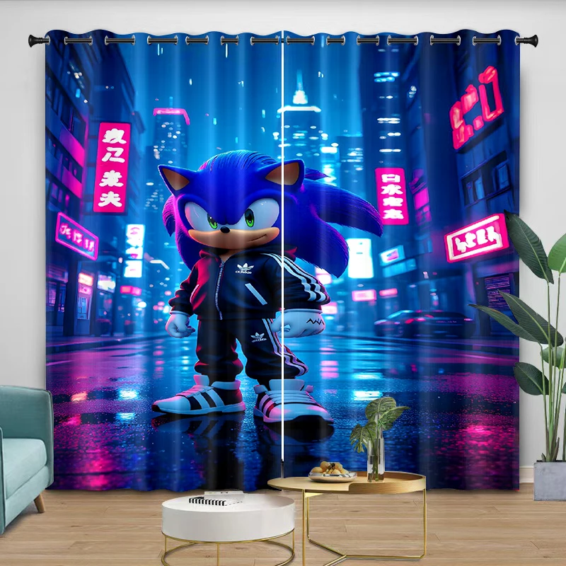 Curtains sonic Cartoon Digital Printing Curtain Bedroom Living Kitchen Protect from light Thread the rod through Care 2 Piece view 5