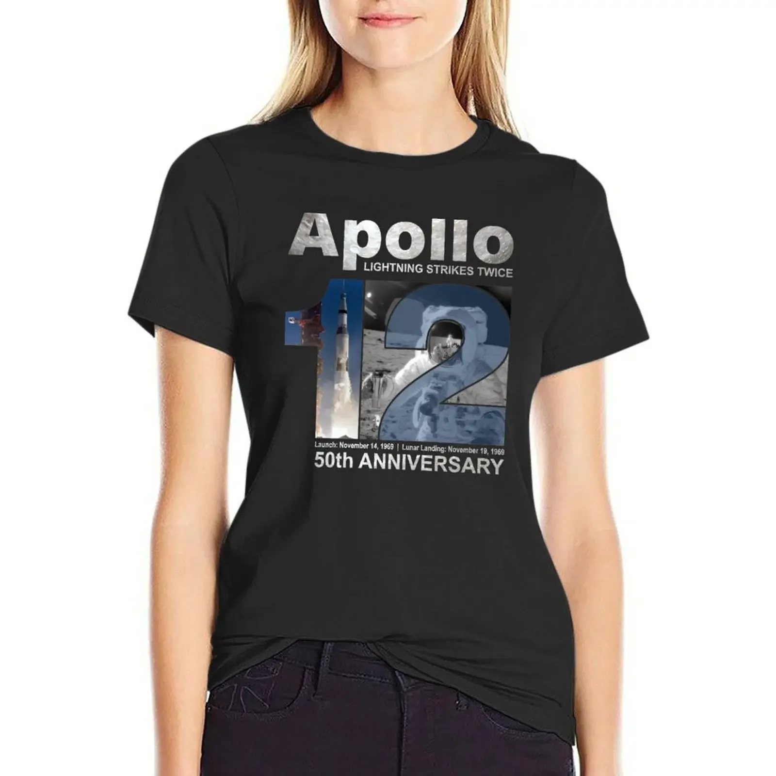 

Apollo 12 50th Anniversary of Second Moon Landing - Lightning Strikes Twice T-Shirt plus size tops cute tops clothes for Women