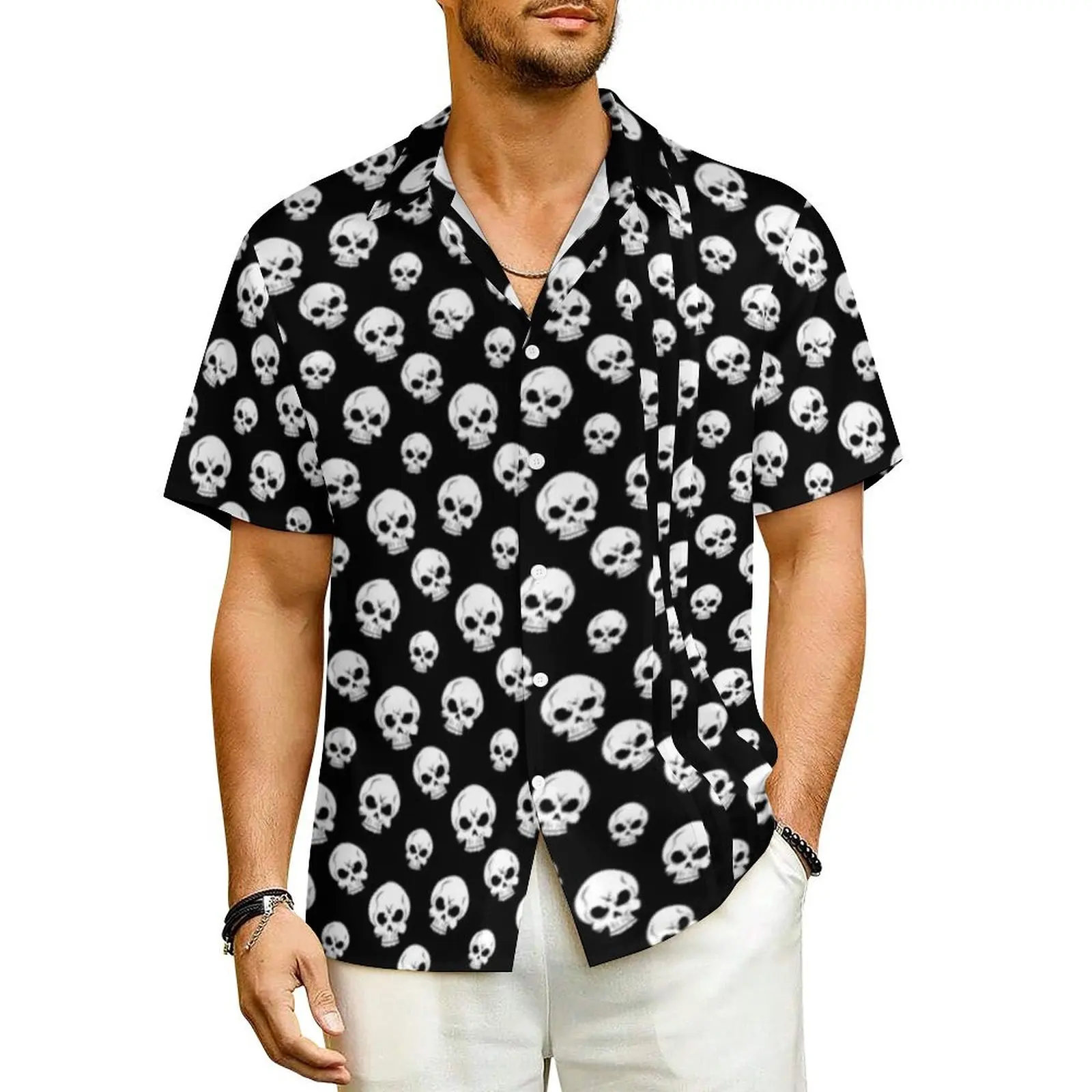 

Hawaii Shirt Vacation White Skull Print Blouses Sugar Skulls Elegant Casual Shirts Man Short Sleeve Street Plus Size Clothing