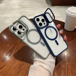 Camera Stand Case for iPhone 16 15 14 13 12 Pro Max Plus Cover Magnetic for Magsafe Phone Shell Shockproof Holder Clear Fundas