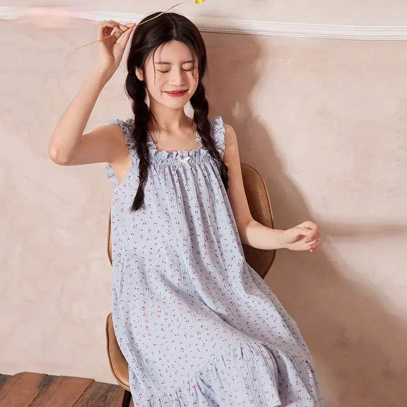 

Ночные рубашки, женская одежда для сна, удобная милая ночная рубашка с оборками для девочек в консервативном стиле, милая универсальная свободная ночная рубашка до середины икры с принтом, нежная