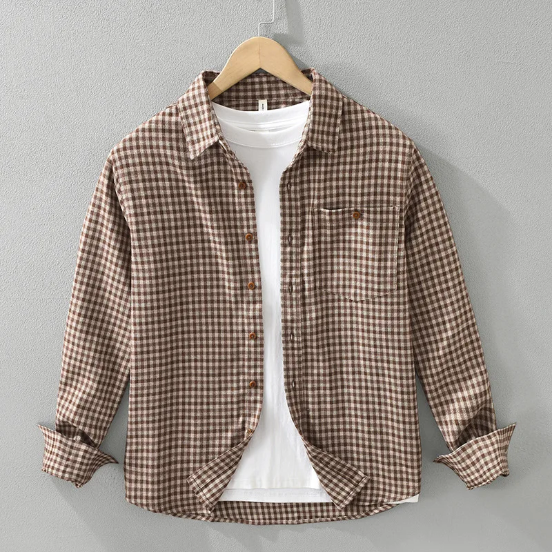 Japanese Style Trendy 68% Polyester Check Long Sleeve Shirt for Men Autumn Fashion Casual Versatile Artistic Loose Plaid Tops