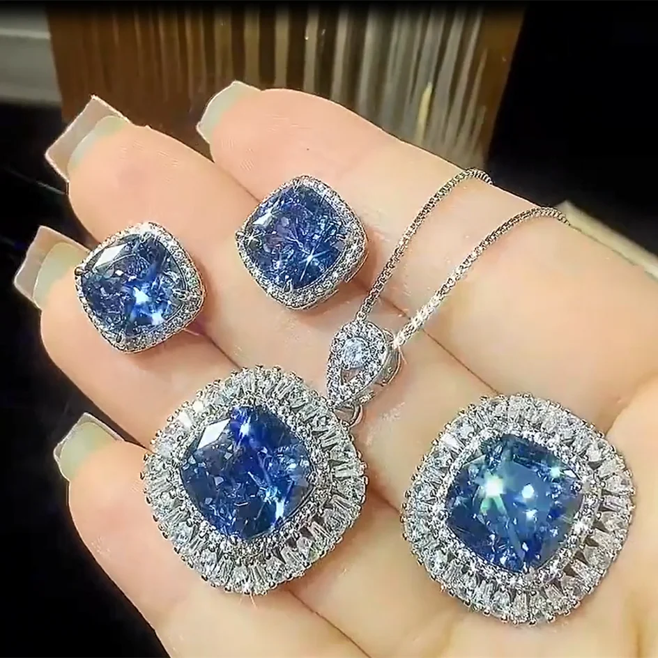 

Fine Jewelry Set White Gold Plated Simulated Tanzanite Gemstone Square Shape Necklace Earring Ring Party Accessories Gift