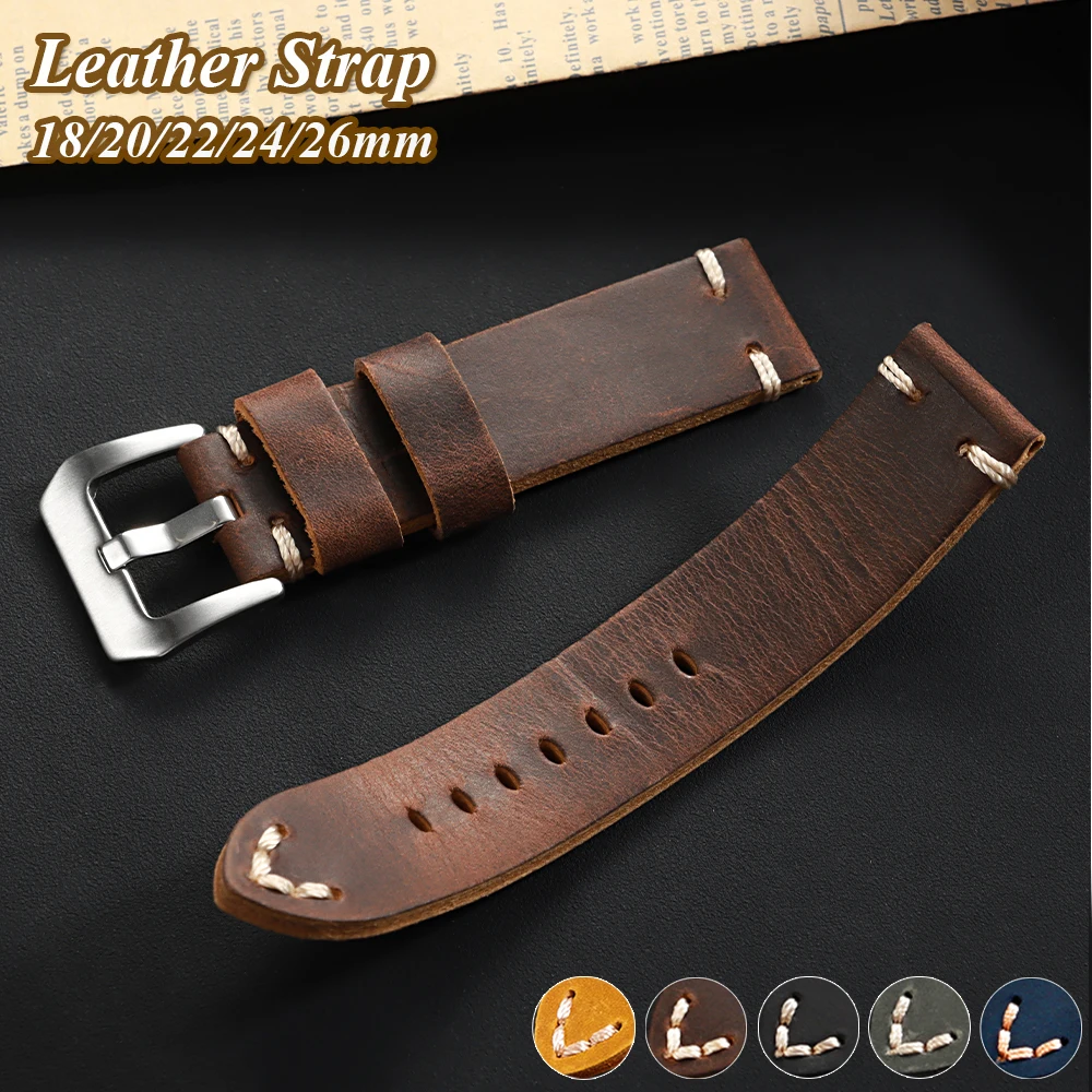 Handmade Cowhide Leather Watchband 18mm 20mm 22mm 24mm 26mm Vintage Brown Stitching Strap for Panerai PAM111 441 Men's Bracelet