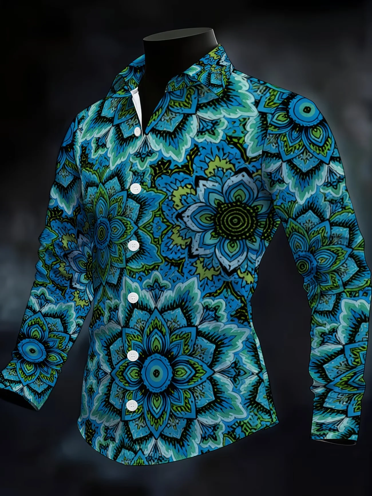 Men Luxury Golden Red Floral Print Long Sleeve Shirt Lapel Collar Button‑Up Polyester Party Blouse
