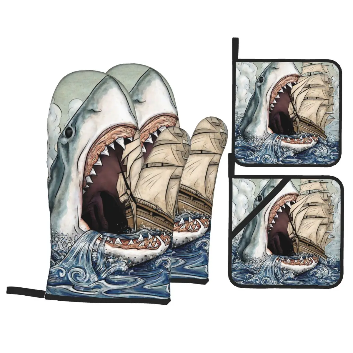 

Ferocious Shark Oven Mitts and Pot Holders Sets of 4 High Heat Resistant Oven Mitts with Oven Gloves and Hot Pads